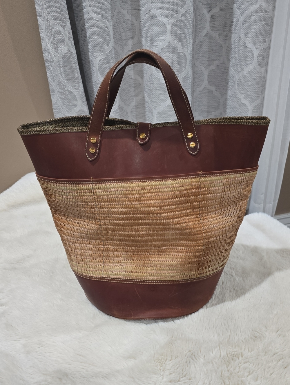 Brown Leather & Straw Tote Bag with Double Handles